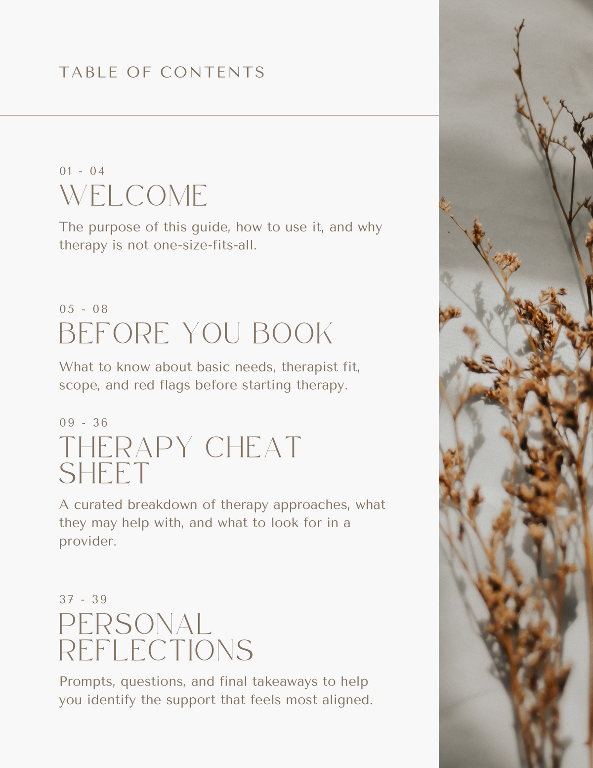 Table of contents from The Therapy Match Cheat Sheet