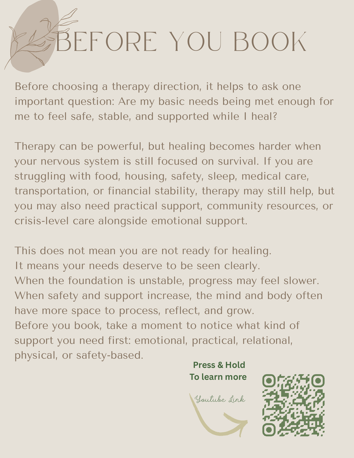 Before You Book page about safety, stability, and support